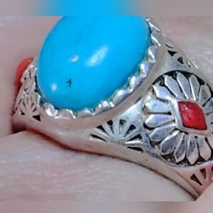 WOMAN'S GORGEOUS SLEEPING BEAUTY TURQUOISE AND CORAL STERLING RING.SZ.-11